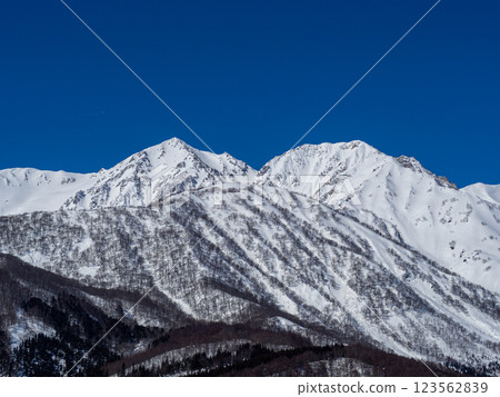 Blue skies and snow in the Northern Alps, Hakuba Village, Nagano Prefecture 123562839