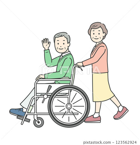 Illustration of an elderly man sitting in a wheelchair waving his hand and an elderly woman providing assistance Illustration of an elderly man sitting in a wheelchair waving his hand and an elderly woman providing assistance 123562924