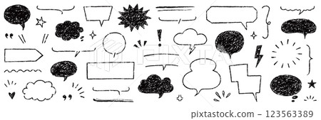 Speech bubble text frame dialog cloud hand drawn set. Crayon chalk doodle talk speech bubble frame. Hand drawn line chalk frame, think balloon, children doodle text cloud icon. Vector illustration. Speech bubble text frame dialog cloud hand drawn set. Crayon chalk doodle talk speech bubble frame. Hand drawn line chalk frame, think balloon, children doodle text cloud icon. Vector illustration. 123563389