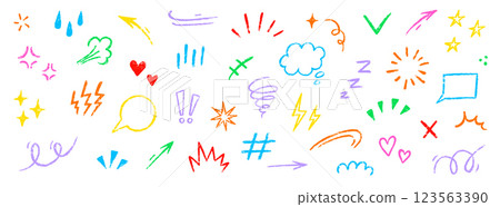 Line movement comic element, cartoon emotion mark effect decoration icon. Hand drawn cute doodle line element arrow, heart, speech bubble. Anime movement, express shape. Vector 123563390