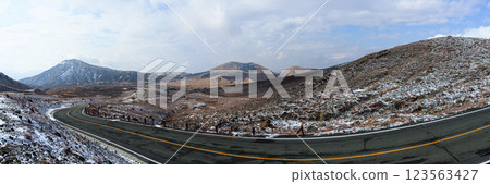Snow-capped Mt. Kishima and Mt. Eboshi, Aso Park Road, Winter scenery of Aso 123563427