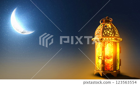 Traditional glowing Arabic lantern with crescent moon view on night scene background. Copy space or mockup. Concept of Eid Al Fitr and Ramadan Mubarak. Islamic background Traditional glowing Arabic lantern with crescent moon view on night scene background. Copy space or mockup. Concept of Eid Al Fitr and Ramadan Mubarak. Islamic background 123563554