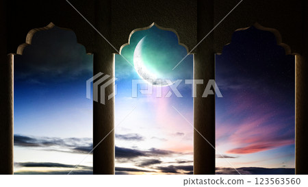View of mosque door with crescent moon in the night scene. Copy space or mockup. Concept of Eid Al Fitr and Ramadan Mubarak. Islamic background 123563560