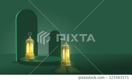 A podium with traditional glowing Arabic lanterns on a green background. Copy space or mockup. Concept of Eid Al Fitr and Ramadan Mubarak. Ramadan background 123563571