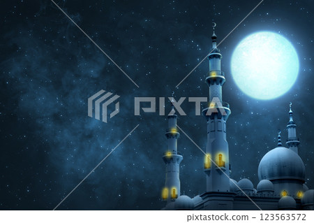 View of the mosque with a full moon in the night scene. Copy space or mockup. Concept of Eid Al Fitr and Ramadan Mubarak. Ramadan kareem background 123563572
