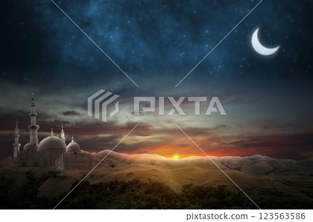 Islamic night sunset with landscape view and mosque with crescent moon. Hilal at night with clouds in sky. Copy space or mockup. Concept of Eid Al Fitr and Ramadan Mubarak. Ramadan kareem background Islamic night sunset with landscape view and mosque with crescent moon. Hilal at night with clouds in sky. Copy space or mockup. Concept of Eid Al Fitr and Ramadan Mubarak. Ramadan kareem background 123563586