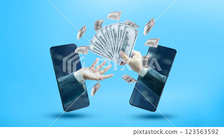 Businessman giving or paying dollar bills to the man through a mobile phone screen. Concept of business, finance, and economy. Collage art 123563592