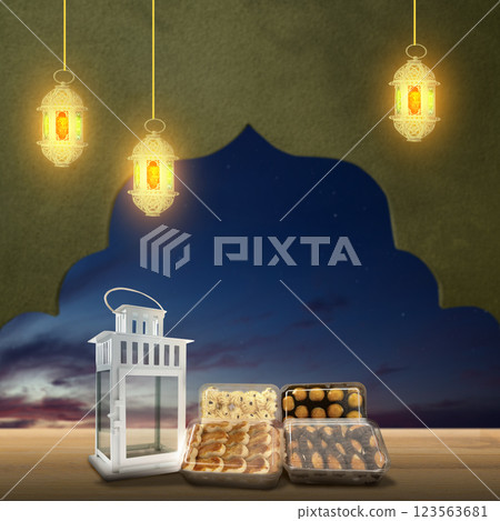 Traditional glowing Arabic lanterns hanging with a mosque dome pattern and variation of cake to celebrate eid mubarak. Concept of Religion, Spiritual or Ramadan 123563681
