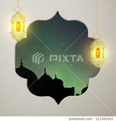Traditional glowing Arabic lanterns hanging with Islamic patterns and silhouettes of a mosque on the night scene background. Copy space. Concept of Religion, Spiritual or Ramadan Traditional glowing Arabic lanterns hanging with Islamic patterns and silhouettes of a mosque on the night scene background. Copy space. Concept of Religion, Spiritual or Ramadan 123563685