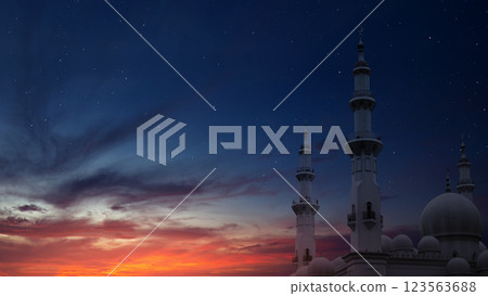 View of mosque with sunlight in the sunset scene background. Concept of Religion, Spiritual or Ramadan View of mosque with sunlight in the sunset scene background. Concept of Religion, Spiritual or Ramadan 123563688