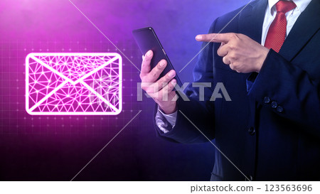 Businessman using mobile phone with a holographic email icon. Concept of business and technology Businessman using mobile phone with a holographic email icon. Concept of business and technology 123563696