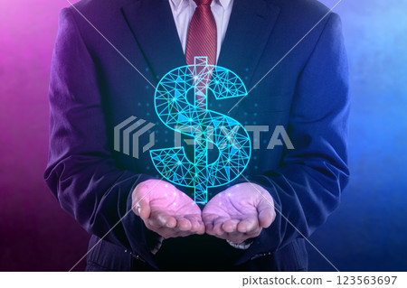 A businessman showing on his hand a holographic dollar sign. Concept of business, finance, and economy A businessman showing on his hand a holographic dollar sign. Concept of business, finance, and economy 123563697
