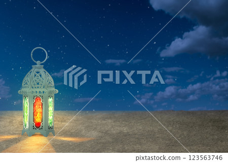 Traditional glowing Arabic lantern in the middle of the desert in the night scene background. Concept of Religion, Spiritual or Ramadan Traditional glowing Arabic lantern in the middle of the desert in the night scene background. Concept of Religion, Spiritual or Ramadan 123563746