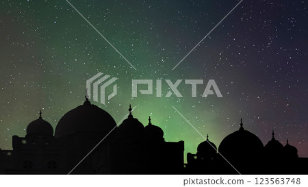View of the silhouette of the mosque with full of stars in the night scene background. Concept of Religion, Spiritual or Ramadan 123563748
