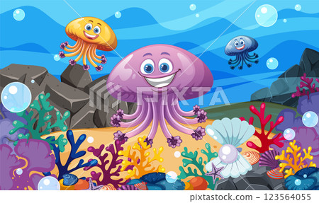 Colorful Sea Creatures in Vibrant Ocean 123564055