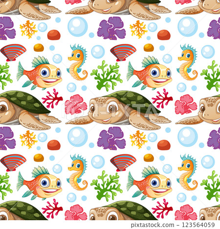 Colorful Underwater Creatures Seamless Pattern 123564059