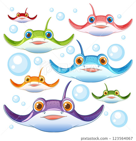 Colorful Cartoon Stingrays with Bubbles 123564067