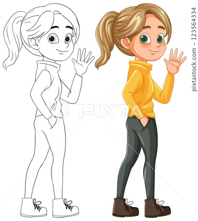 Cheerful Girl Waving in Casual Outfit 123564334