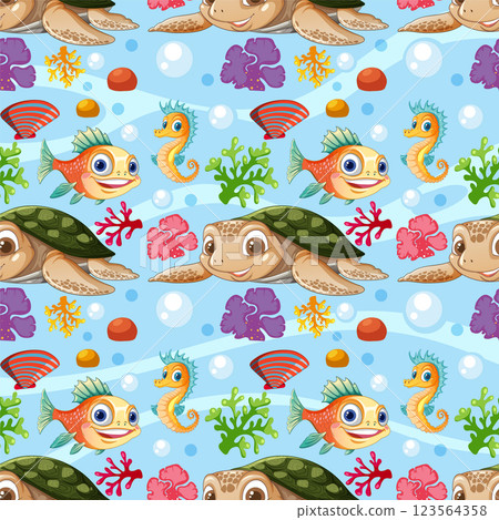 Colorful Underwater Creatures Seamless Pattern 123564358
