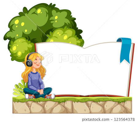 Girl Listening to Music Near Open Book Girl Listening to Music Near Open Book 123564378