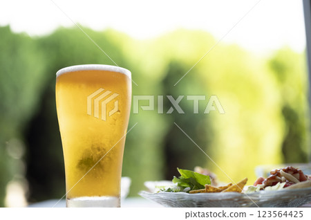 Delicious draft beer and tacos in midsummer 123564425