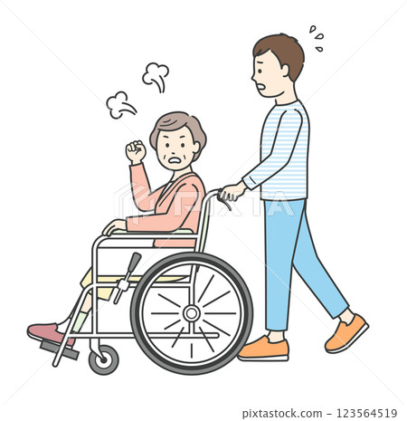 Illustration of a young man assisting an angry elderly woman sitting in a wheelchair 123564519