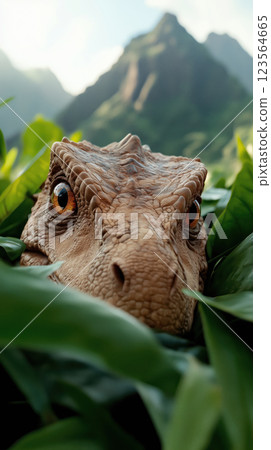 Dinosaur peeking through lush greenery in Hawaiian landscape 123564665