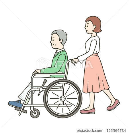 坐在輪椅上的老人和協助他的年輕女子的插圖 123564784
