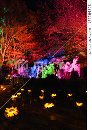 Beautifully illuminated waterfall in a Japanese garden in Ushibuka, Kumamoto Beautifully illuminated waterfall in a Japanese garden in Ushibuka, Kumamoto 123564808