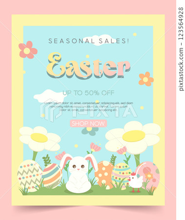Cute Easter Bunny with Colorful Eggs in Spring Landscape, vector illustration Cute Easter Bunny with Colorful Eggs in Spring Landscape, vector illustration 123564928