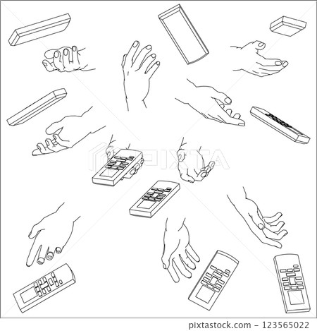 Set of hands holding a remote control. Black and white vector illustration. Set of hands holding a remote control. Black and white vector illustration. 123565022