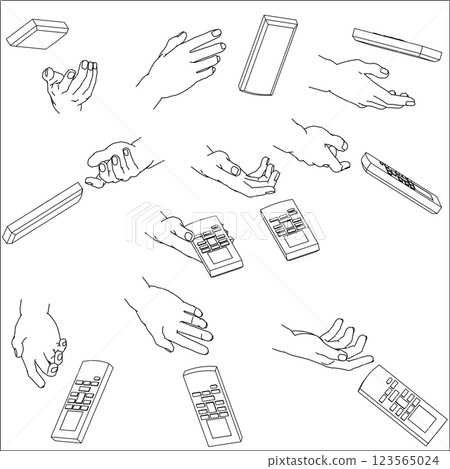 Set of hands holding a remote control. Black and white vector illustration. Set of hands holding a remote control. Black and white vector illustration. 123565024