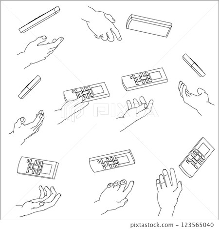 Set of hands holding a remote control. Black and white vector illustration. Set of hands holding a remote control. Black and white vector illustration. 123565040