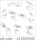 Set of hands holding a remote control. Black and white vector illustration. 123565041