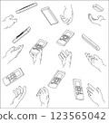 Set of hands holding a remote control. Black and white vector illustration. 123565042