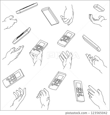 一雙手握著遙控器。黑白向量插圖。 一雙手握著遙控器。黑白向量插圖。 123565042