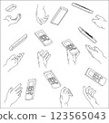 Set of hands holding a remote control. Black and white vector illustration. 123565043