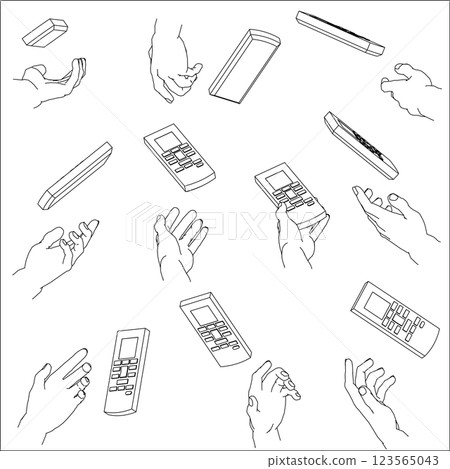 Set of hands holding a remote control. Black and white vector illustration. Set of hands holding a remote control. Black and white vector illustration. 123565043
