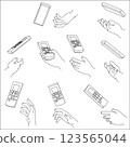 Set of hands holding a remote control. Black and white vector illustration. 123565044