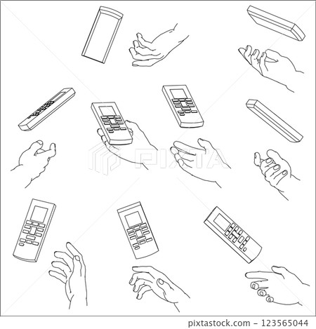 Set of hands holding a remote control. Black and white vector illustration. Set of hands holding a remote control. Black and white vector illustration. 123565044