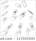 Set of hands holding a remote control. Black and white vector illustration. 123565045