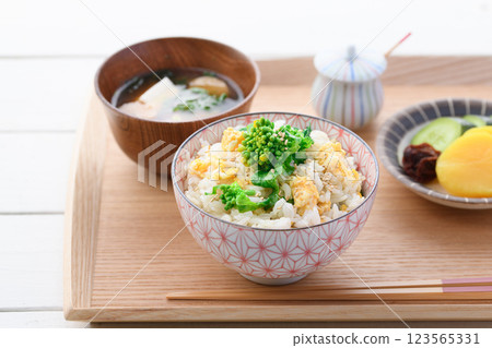 Mixed rice with rape blossoms and scrambled eggs Mixed rice with rape blossoms and scrambled eggs 123565331
