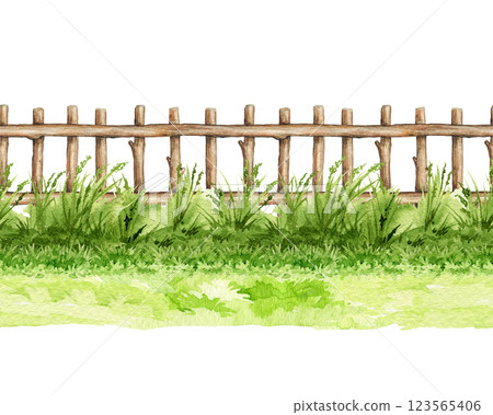 Fresh green grass with wooden fence seamless border element watercolor illustration. Fresh grass countryside meadow, lawn, field landscape element isolated on white background 123565406