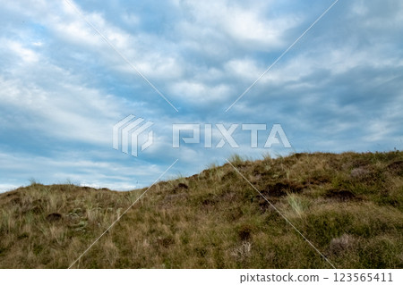A Serene and Picturesque Landscape Featuring Gentle Grass Hills Beneath a Cloudy Sky A Serene and Picturesque Landscape Featuring Gentle Grass Hills Beneath a Cloudy Sky 123565411
