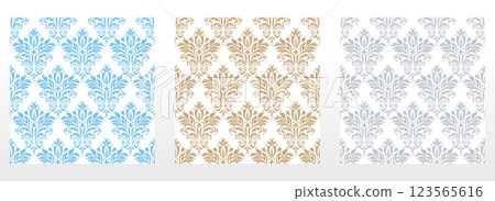 Wallpapers in the style of Baroque.. Set of colored floral ornaments. Seamless vector backgrounds Graphic patterns for fabric, wallpaper, packaging. Ornate Damask flower illustration Wallpapers in the style of Baroque.. Set of colored floral ornaments. Seamless vector backgrounds Graphic patterns for fabric, wallpaper, packaging. Ornate Damask flower illustration 123565616