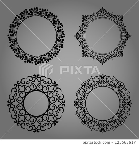 Set of decorative frames Elegant vector element for design in Eastern style, place for text. Floral black and gray borders. Lace illustration for invitations and greeting cards Set of decorative frames Elegant vector element for design in Eastern style, place for text. Floral black and gray borders. Lace illustration for invitations and greeting cards 123565617