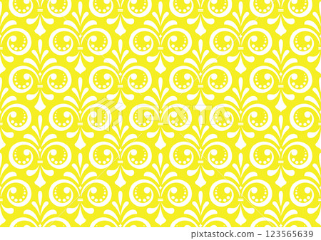 Wallpaper in the style of Baroque. White and yellow floral ornament. Seamless vector background. Graphic pattern for fabric, wallpaper, packaging. Ornate Damask flower illustration Wallpaper in the style of Baroque. White and yellow floral ornament. Seamless vector background. Graphic pattern for fabric, wallpaper, packaging. Ornate Damask flower illustration 123565639