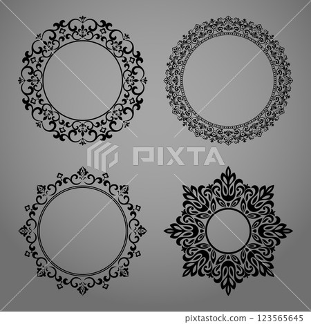 Set of decorative frames Elegant vector element for design in Eastern style, place for text. Floral black and gray borders. Lace illustration for invitations and greeting cards Set of decorative frames Elegant vector element for design in Eastern style, place for text. Floral black and gray borders. Lace illustration for invitations and greeting cards 123565645