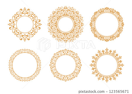 Set of decorative frames Elegant vector element for design in Eastern style, place for text. Floral golden and white borders. Lace illustration for invitations and greeting cards Set of decorative frames Elegant vector element for design in Eastern style, place for text. Floral golden and white borders. Lace illustration for invitations and greeting cards 123565671