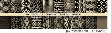 Geometric set of seamless black and golden patterns. Simple vector graphics Geometric set of seamless black and golden patterns. Simple vector graphics 123565682